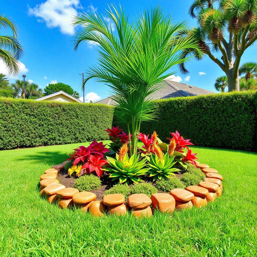 Florida flower bed with a fresh terracotta-colored rock border and tropical plants